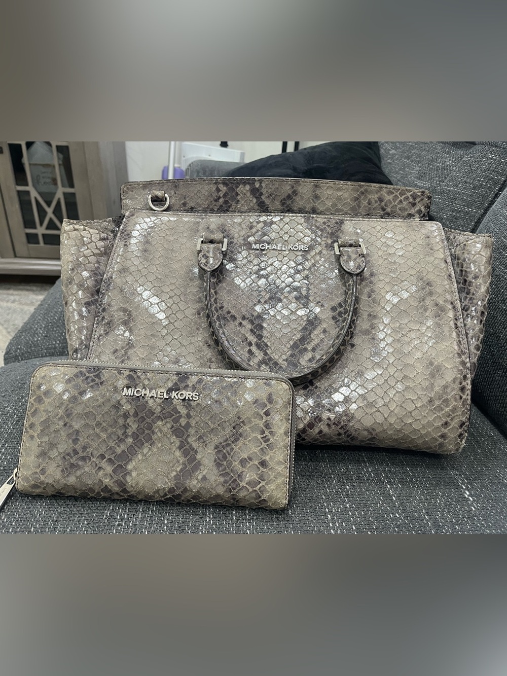 Michael Kors Taupe Snake-Effect Tote with Matching Wallet